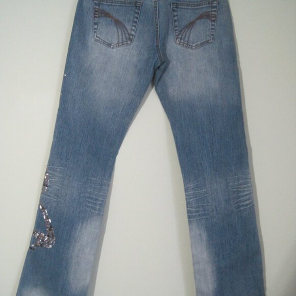 YOUNIQUE Women's Jr Size 5 Embellished Low Rise Y2K Vtg Flare Bootcut Blue Jeans - Picture 4 of 8